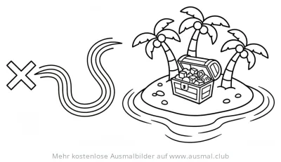 Schatzkarte mit Insel und Schatzkiste Ausmalbild