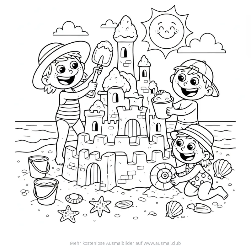 Kinder bauen eine Sandburg am Strand Ausmalbild