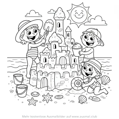 Kinder bauen eine Sandburg am Strand Ausmalbild