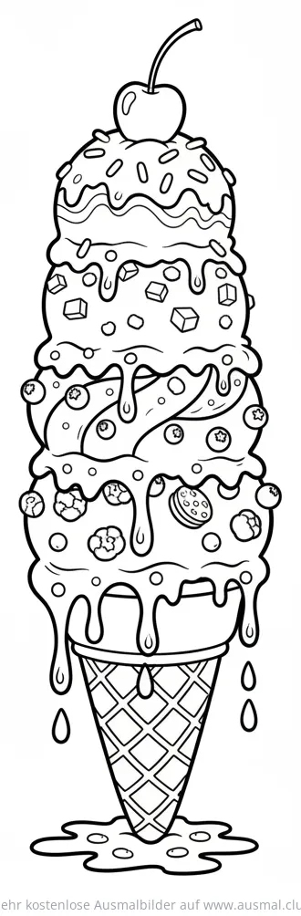 Eis mit vier Kugeln, Streuseln, Blaubeeren und Kirsche Ausmalbild