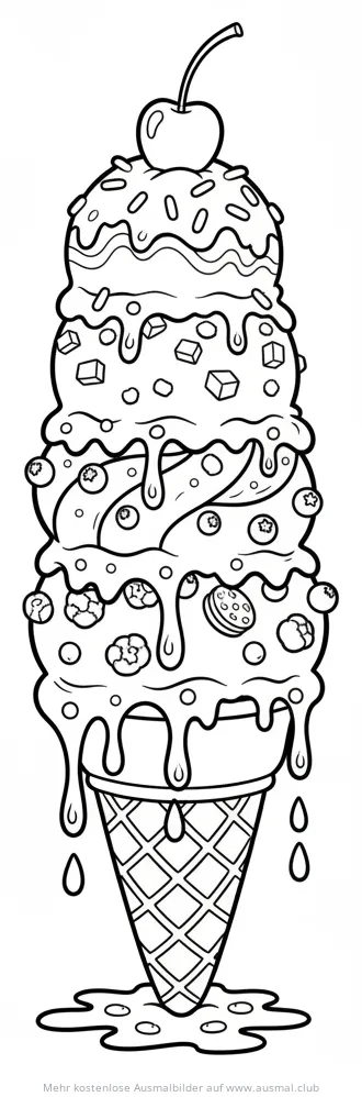 Eis mit vier Kugeln, Streuseln, Blaubeeren und Kirsche Ausmalbild