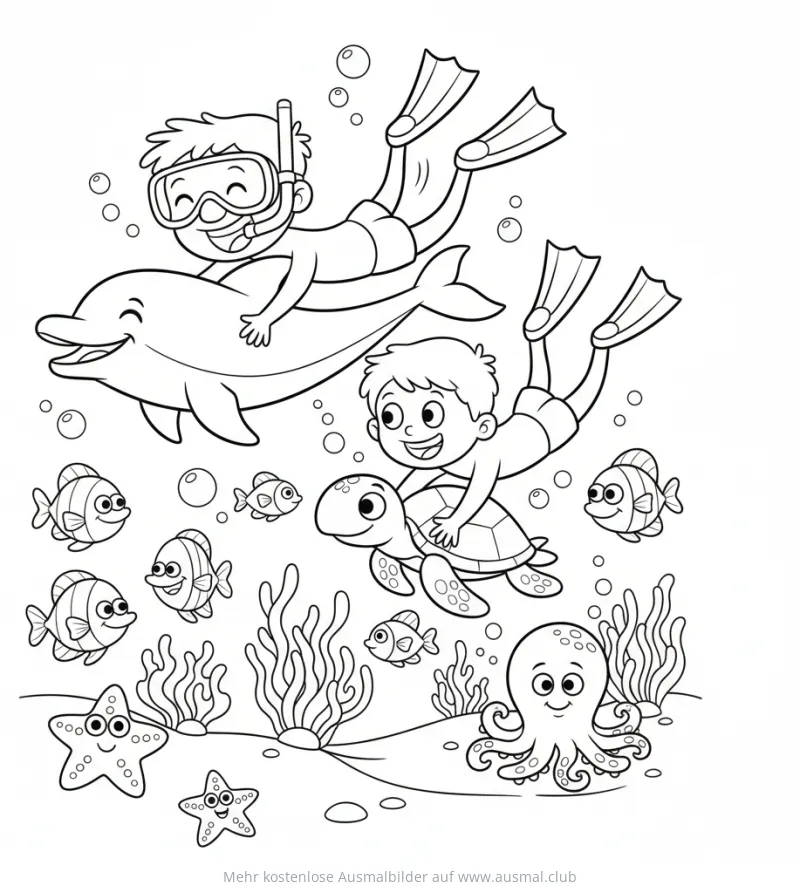Kinder reiten auf Delfin und Schildkröte im Meer Ausmalbild