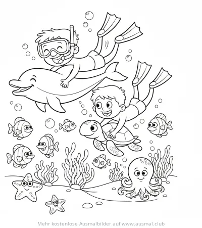 Kinder reiten auf Delfin und Schildkröte im Meer Ausmalbild