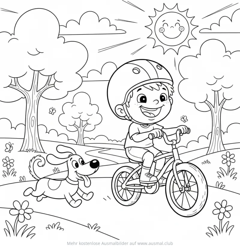 Junge fährt Fahrrad, begleitet von Hund, Ausmalbild