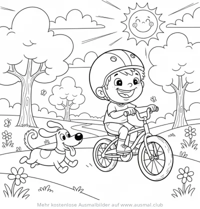 Junge fährt Fahrrad, begleitet von Hund, Ausmalbild