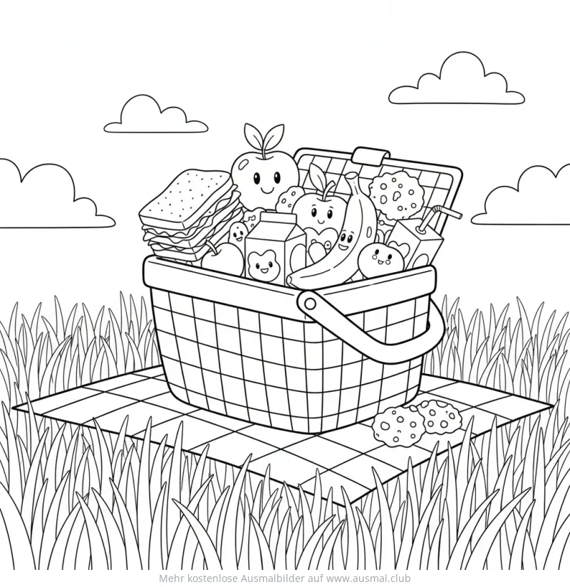 Picknickkorb mit Essen Ausmalbild im Grünen