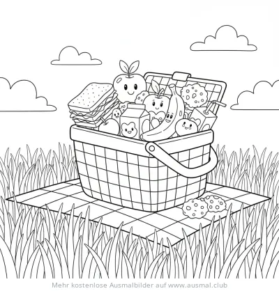 Picknickkorb mit Essen Ausmalbild im Grünen