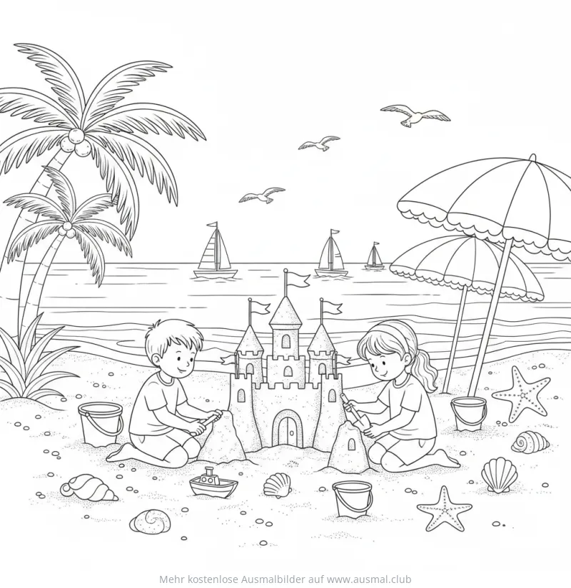 Junge und Mädchen bauen Sandburg am Strand Ausmalbild