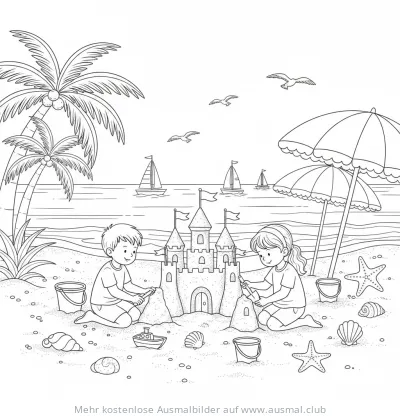 Junge und Mädchen bauen Sandburg am Strand Ausmalbild
