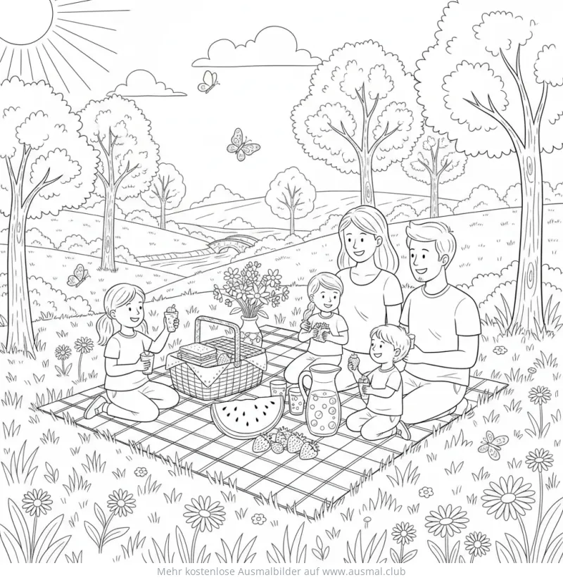 Familie macht Picknick im Grünen Ausmalbild