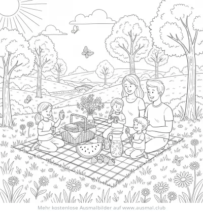 Familie macht Picknick im Grünen Ausmalbild