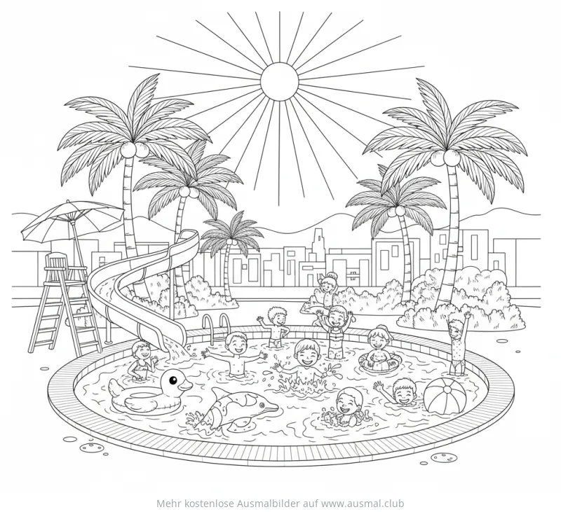 Poolparty Ausmalbild mit spielenden Kindern, Pool, Wasserrutsche und Palmen