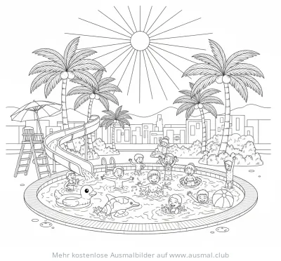 Poolparty Ausmalbild mit spielenden Kindern, Pool, Wasserrutsche und Palmen