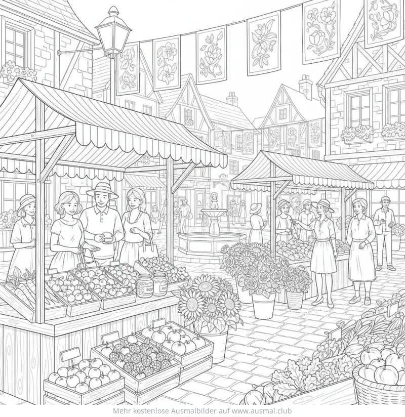 Bauernmarkt mit Menschen, Obst, Gemüse und Blumen Ausmalbild