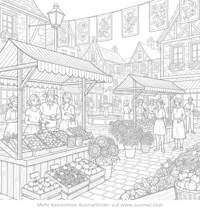 Bauernmarkt mit Menschen, Obst, Gemüse und Blumen Ausmalbild