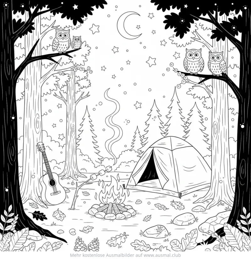 Campingplatz mit Zelt, Lagerfeuer, Gitarre und Eulen Ausmalbild