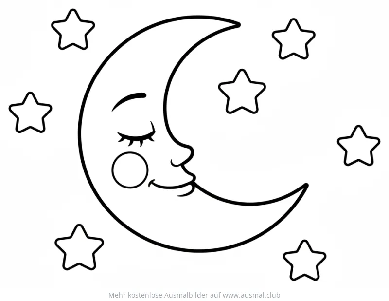 Schlafender Mond mit Gesicht und Sterne Ausmalbild