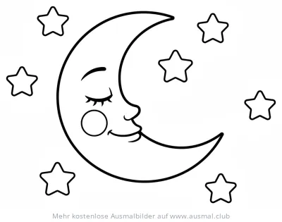 Schlafender Mond mit Gesicht und Sterne Ausmalbild