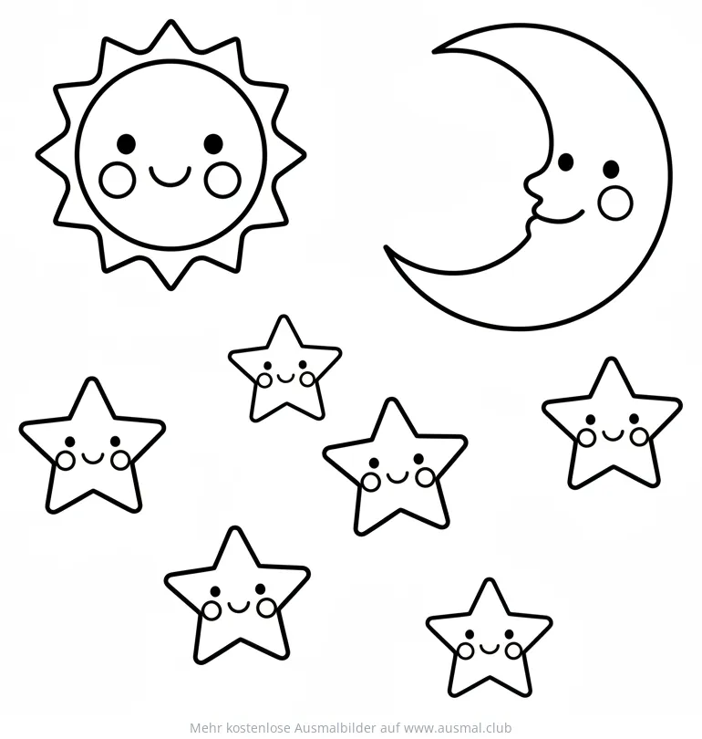 Sonne, Mond und Sterne Ausmalbild mit freundlichen Gesichtern