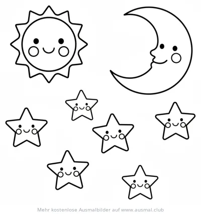 Sonne, Mond und Sterne Ausmalbild mit freundlichen Gesichtern