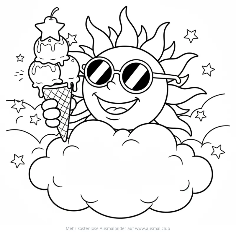 Sonne mit Sonnenbrille hält Eis Ausmalbild