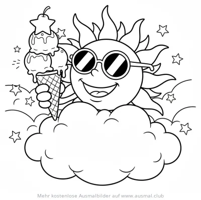 Sonne mit Sonnenbrille hält Eis Ausmalbild