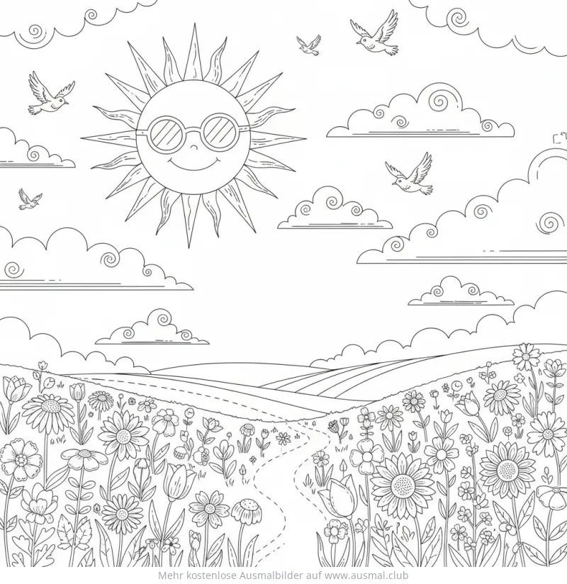 Lachende Sonne mit Sonnenbrille über Blumenwiese Ausmalbild