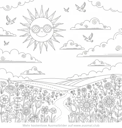 Lachende Sonne mit Sonnenbrille über Blumenwiese Ausmalbild