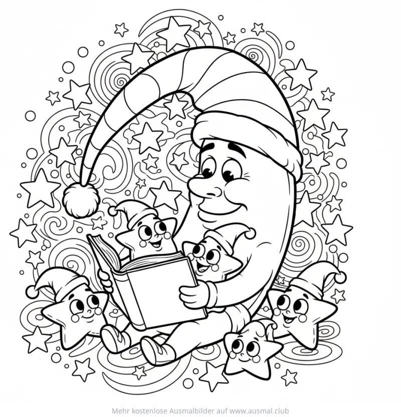 Mond mit Schlafmütze liest Sterne vor Ausmalbild