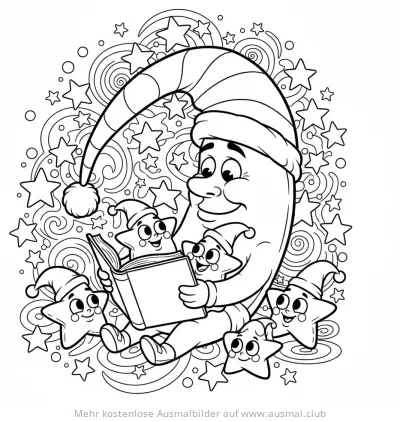 Mond mit Schlafmütze liest Sterne vor Ausmalbild