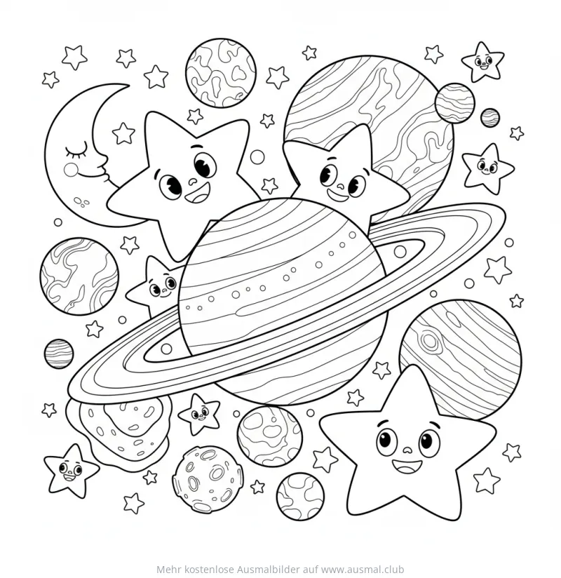 Freundliche Sterne und Planeten Ausmalbild