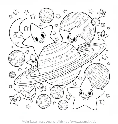 Freundliche Sterne und Planeten Ausmalbild