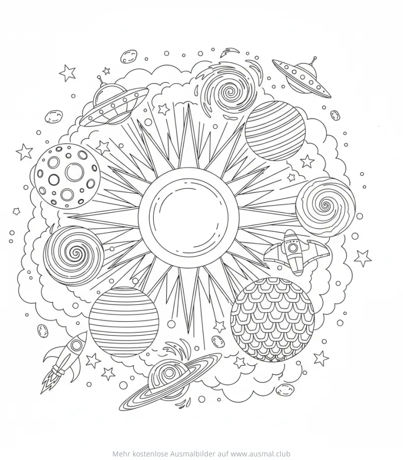 Sonne, Planeten, Raumschiffe und Ufos Ausmalbild
