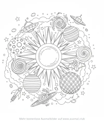 Sonne, Planeten, Raumschiffe und Ufos Ausmalbild