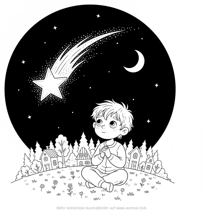 Junge beobachtet Sternschnuppe am Nachthimmel Ausmalbild