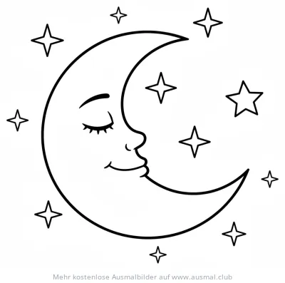 Mond mit Gesicht und Sternen Ausmalbild