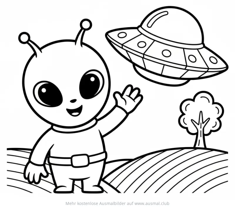 Freundlicher Alien winkt mit UFO Ausmalbild