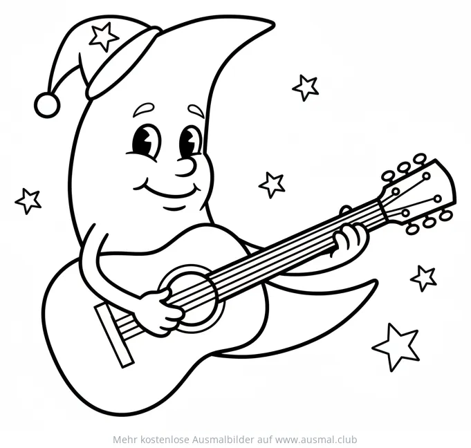 Mond mit Schlafmütze spielt Gitarre Ausmalbild