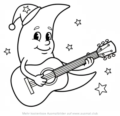 Mond mit Schlafmütze spielt Gitarre Ausmalbild
