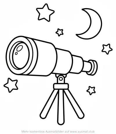 Teleskop mit Mond und Sternen Ausmalbild