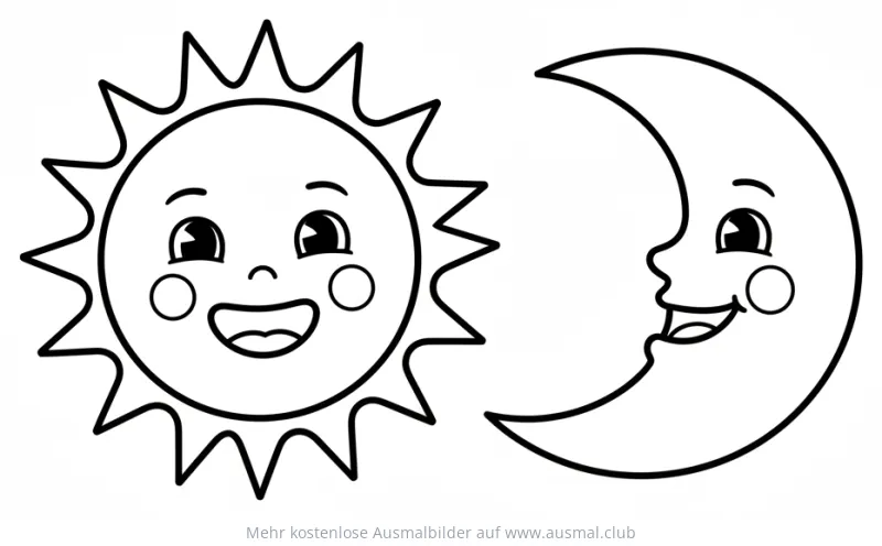 Sonne und Mond mit Gesichtern Ausmalbild