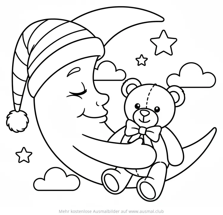 Mond mit Schlafmütze und Teddybär Ausmalbild