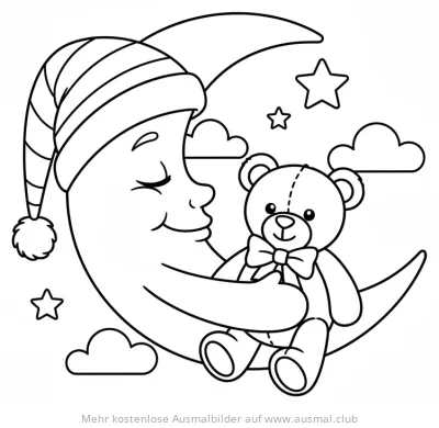 Mond mit Schlafmütze und Teddybär Ausmalbild