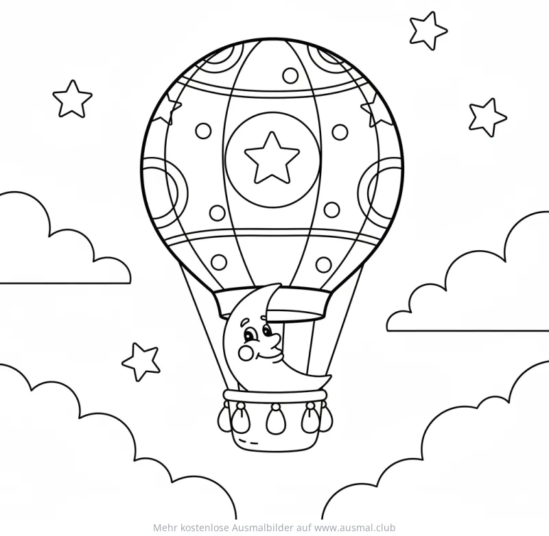 Mond im Heißluftballon Ausmalbild