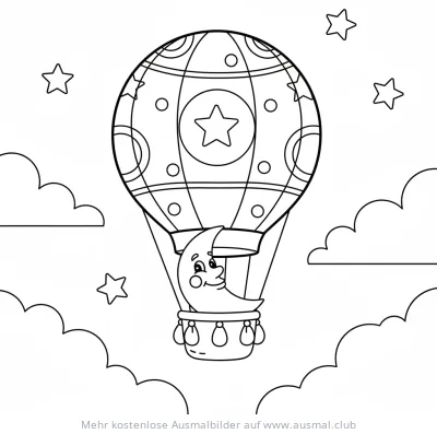 Mond im Heißluftballon Ausmalbild