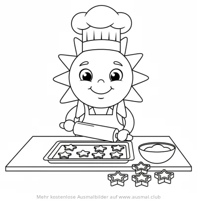 Sonne als Bäcker beim Plätzchen backen Ausmalbild
