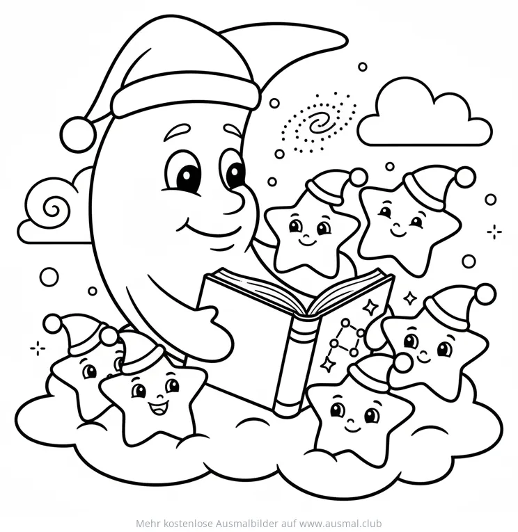 Mond liest Sterne Gute-Nacht-Geschichte Ausmalbild