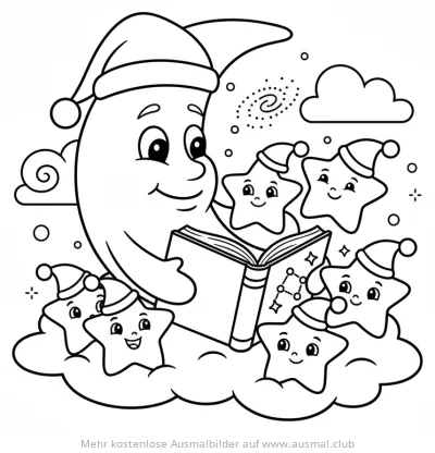 Mond liest Sterne Gute-Nacht-Geschichte Ausmalbild