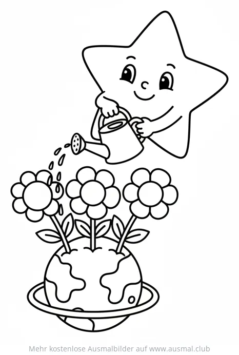 Stern gießt Blumen auf einem Planeten Ausmalbild