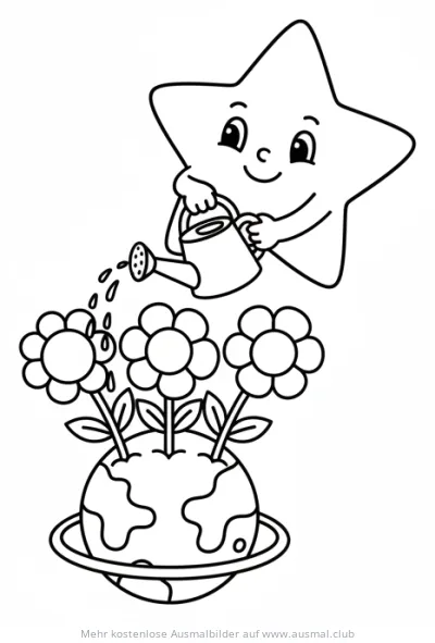 Stern gießt Blumen auf einem Planeten Ausmalbild
